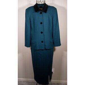 Vintage Jacqueline Ferrar Teal Wool Skirt Suit Black Velvet Collar Size 14 Tall